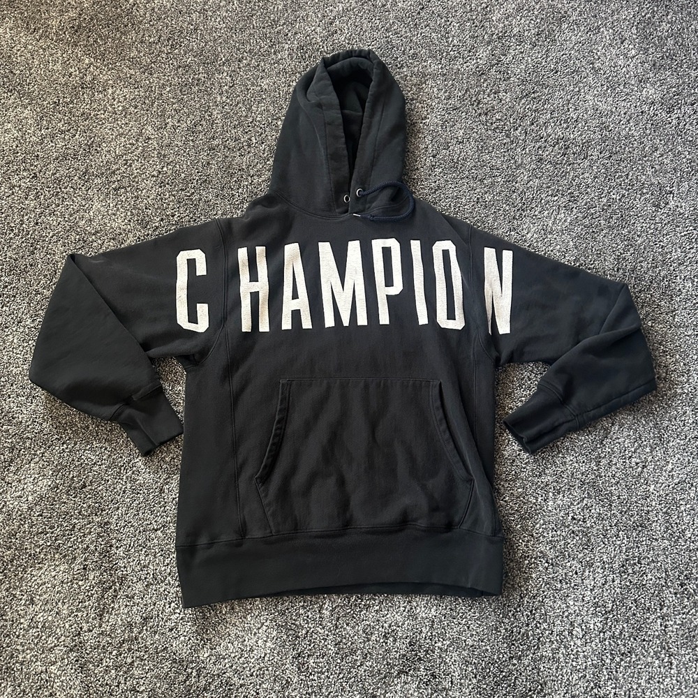 Champion Reverse Weave Hoodie Mens Medium Black Spellout Logo Pullover Cotton